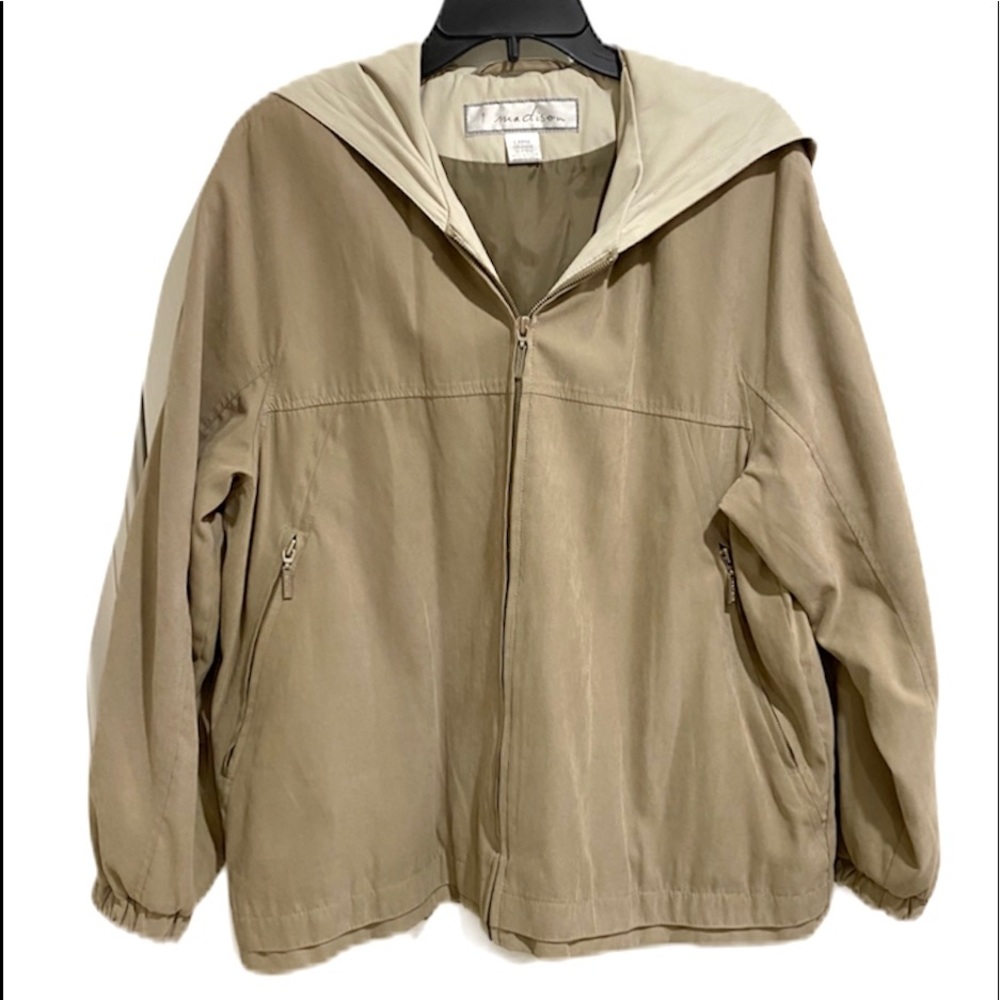 1 Madison Jacket Large Full Zip Hooded Khaki Tan Lightweight Soft Pockets Lined